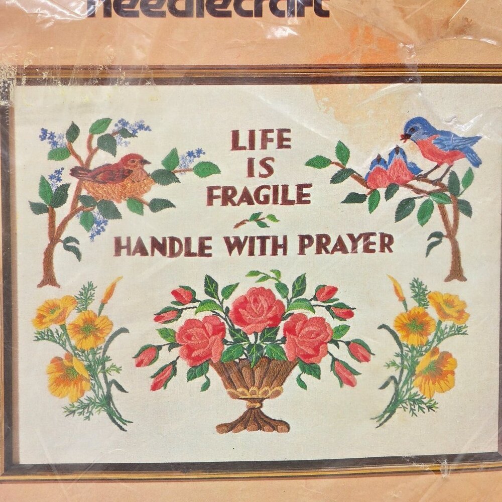 Vintage Bucilla Crewel Embroidery Kit Life Is Fragile Handle with Prayer Sampler - Picture 2 of 4